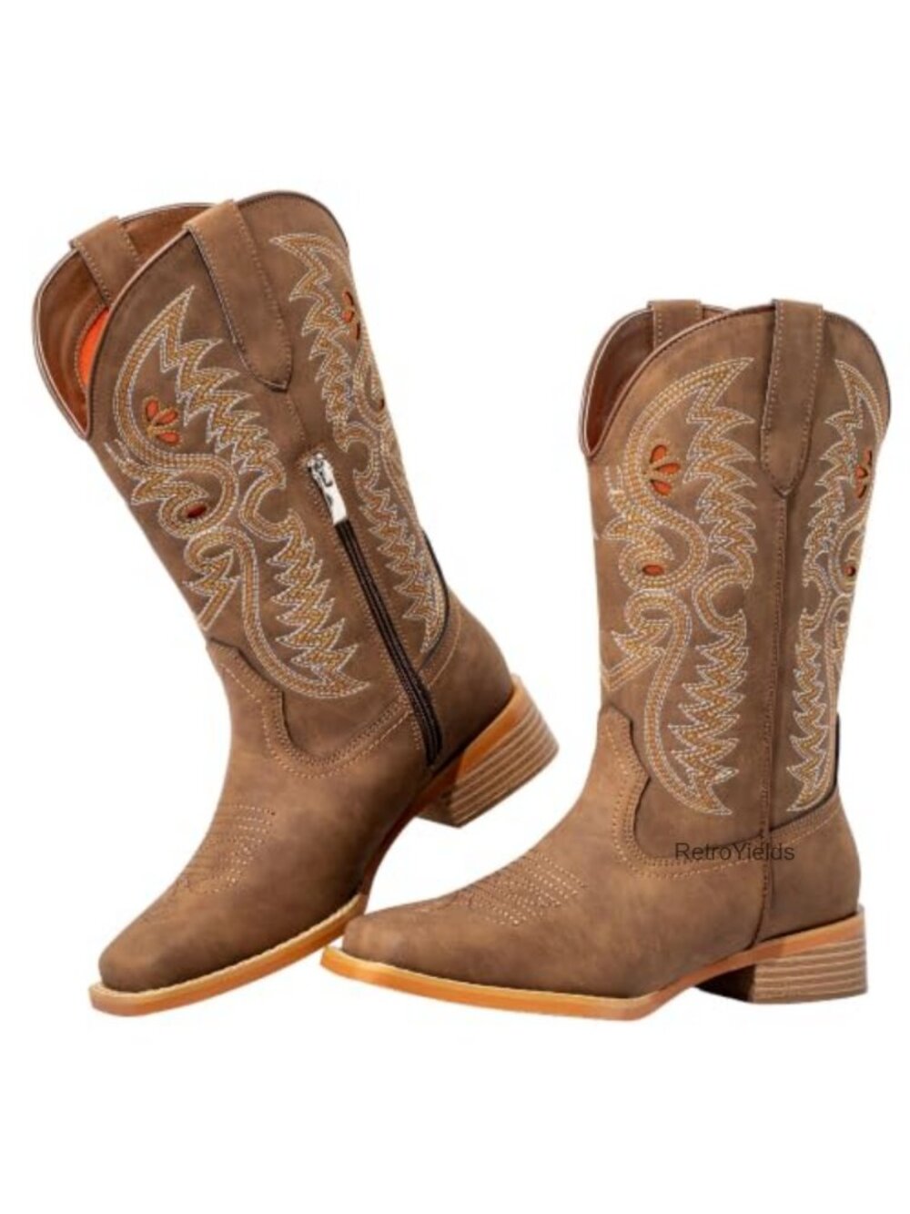 Wide Calf Cowboy Boots Faux Leather Square Toe Block Heel Mid-Calf